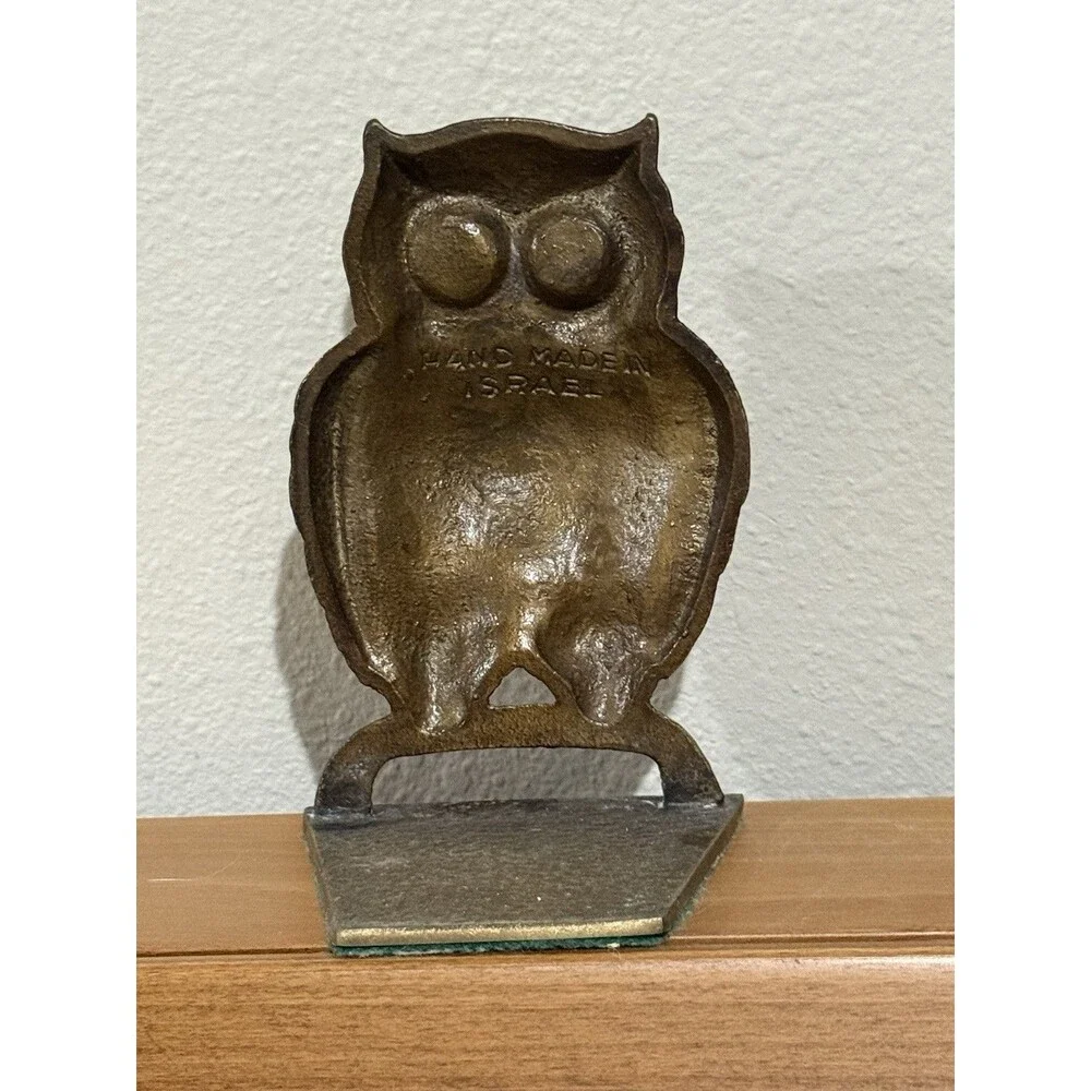 Vintage Owl Bookend Handmade Brass Bluish Green Eyes